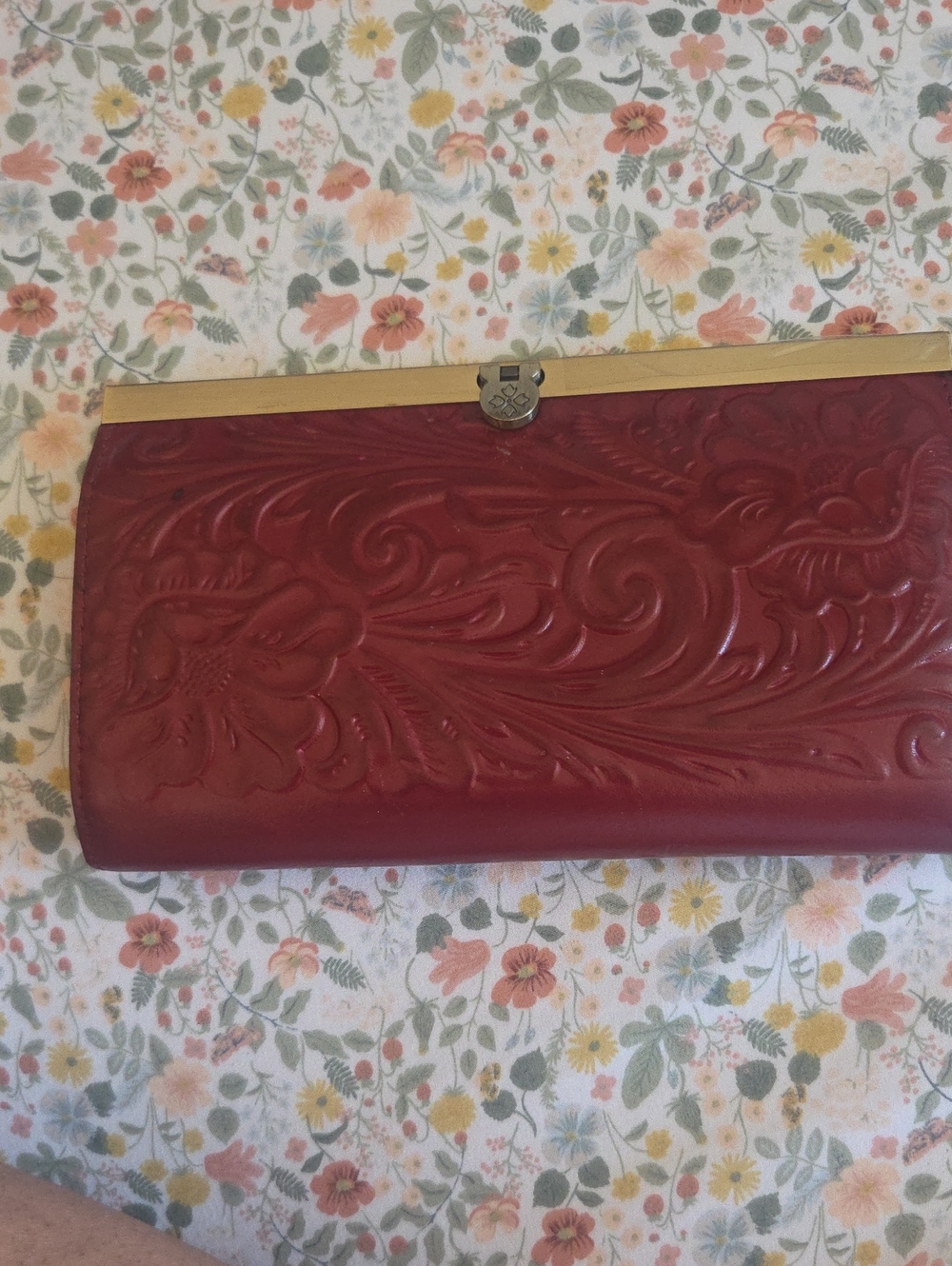 Red Floral Embossed Clutch Wallet with Brass Trim
